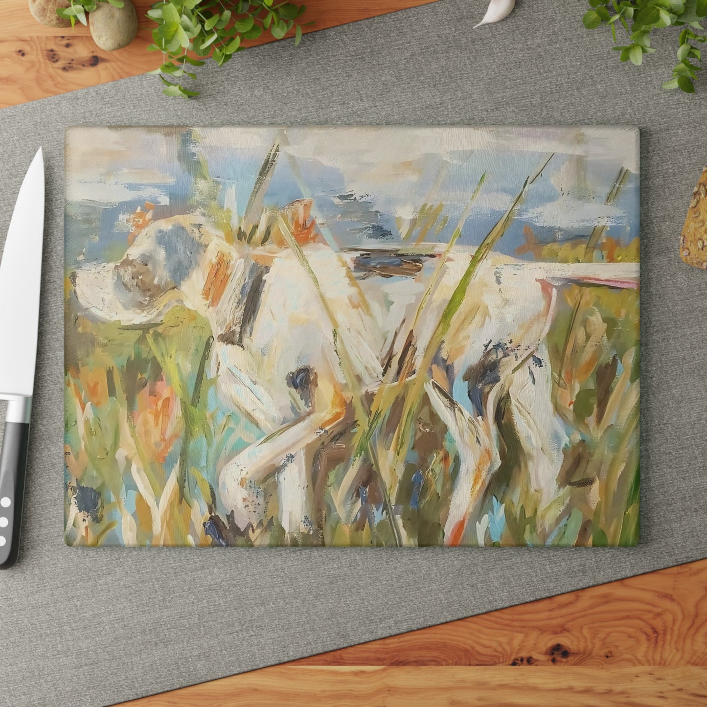 High Pointer Dog in Tall Grass Glass Cutting Board | Rustic Hunting Kitchen Décor
