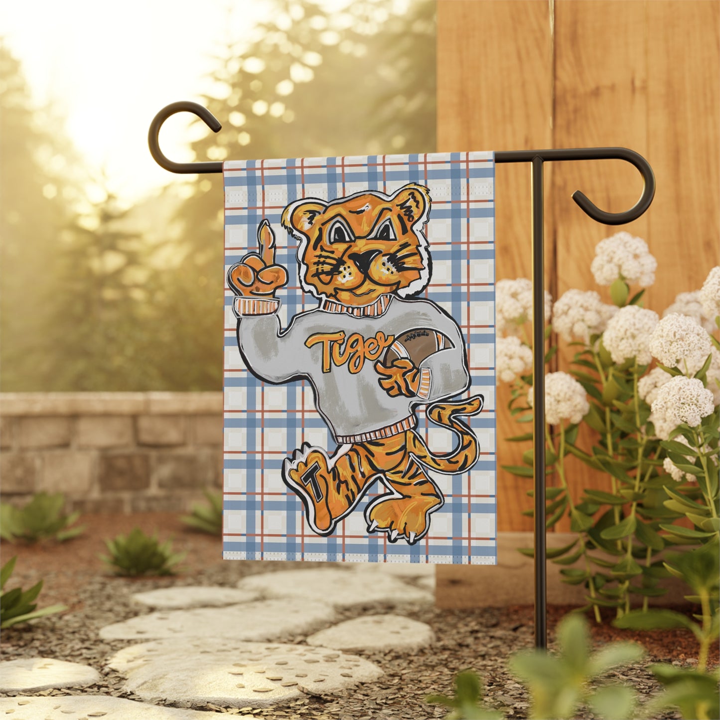 Tiger Football Mascot Plaid Garden Flag — "Tigers" House Banner
