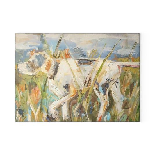 High Pointer Dog in Tall Grass Glass Cutting Board | Rustic Hunting Kitchen Décor