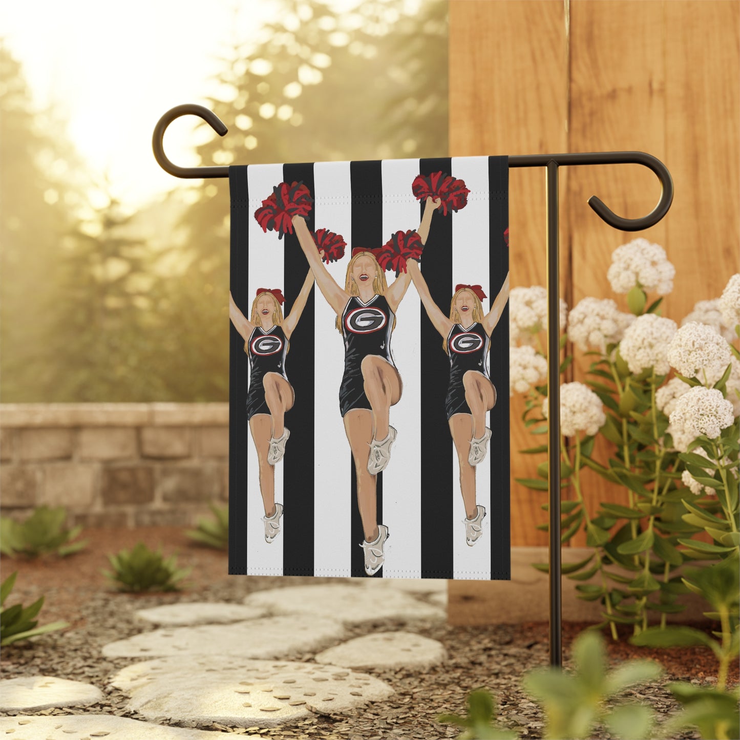 BullDawg Cheerleader Garden Flag — Georgia Bulldogs Pom-Pom Stripe House Banner