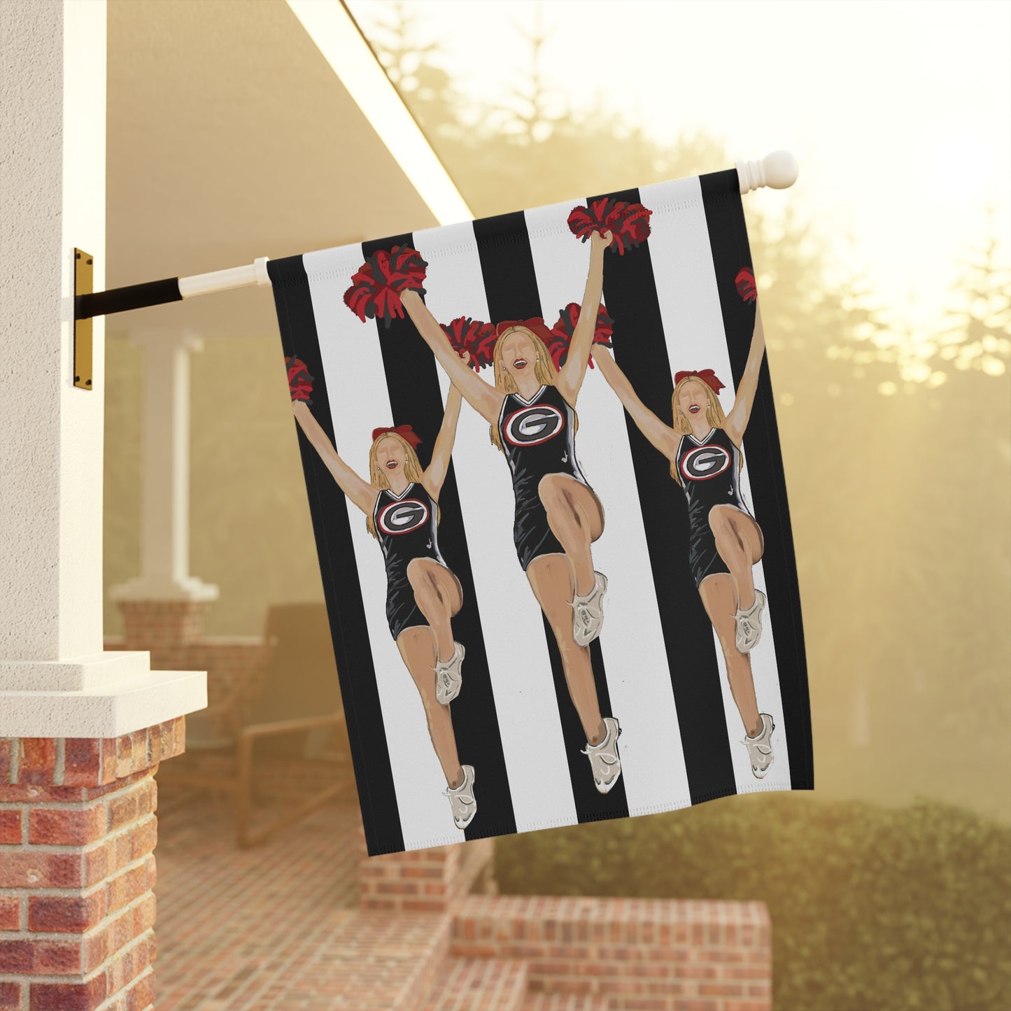 BullDawg Cheerleader Garden Flag — Georgia Bulldogs Pom-Pom Stripe House Banner