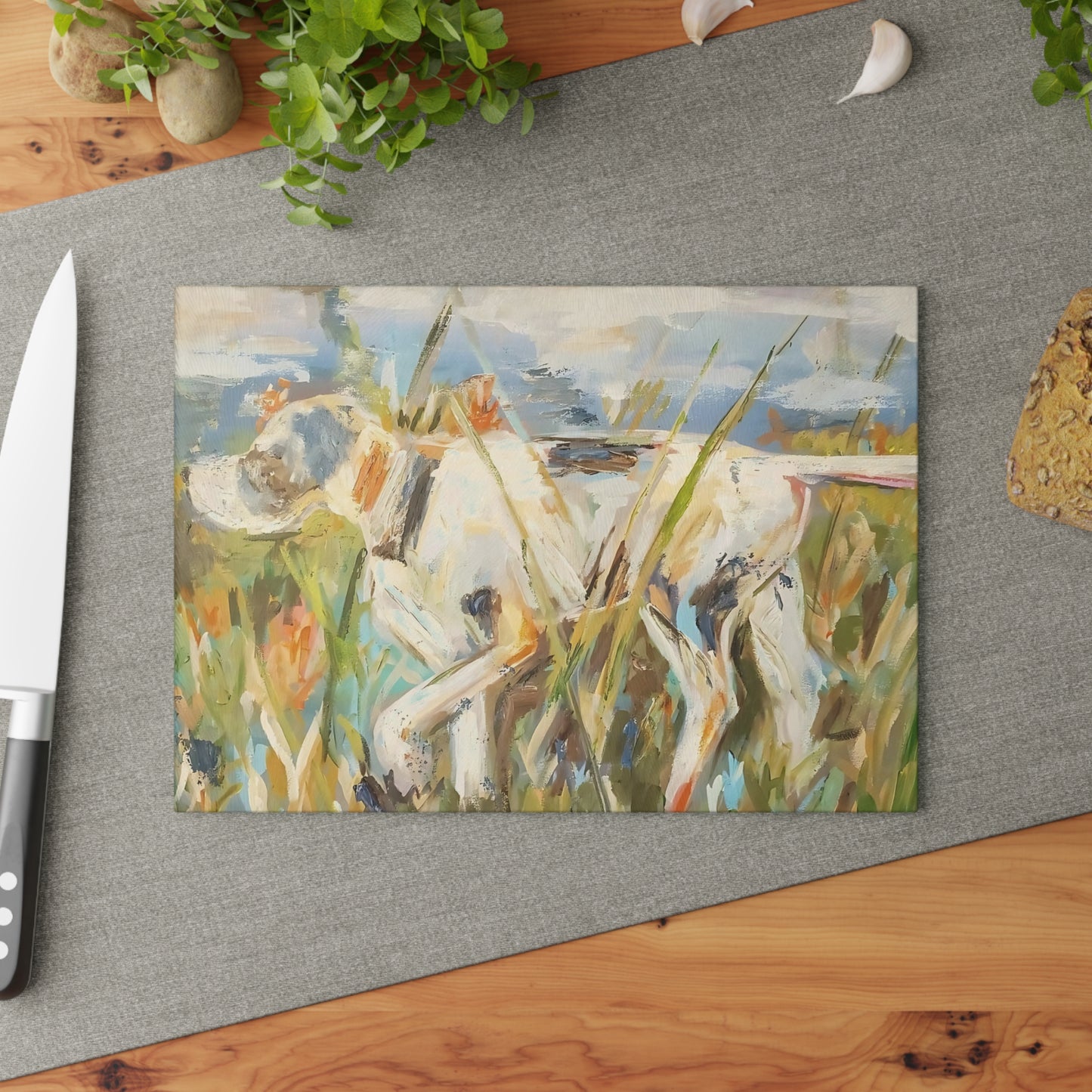 High Pointer Dog in Tall Grass Glass Cutting Board | Rustic Hunting Kitchen Décor