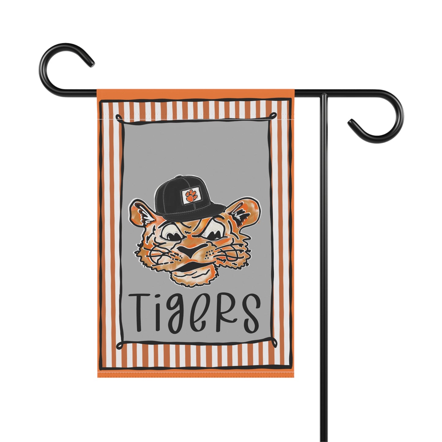 Tiger Mascot Garden Flag – Striped Orange & Gray Welcome Banner