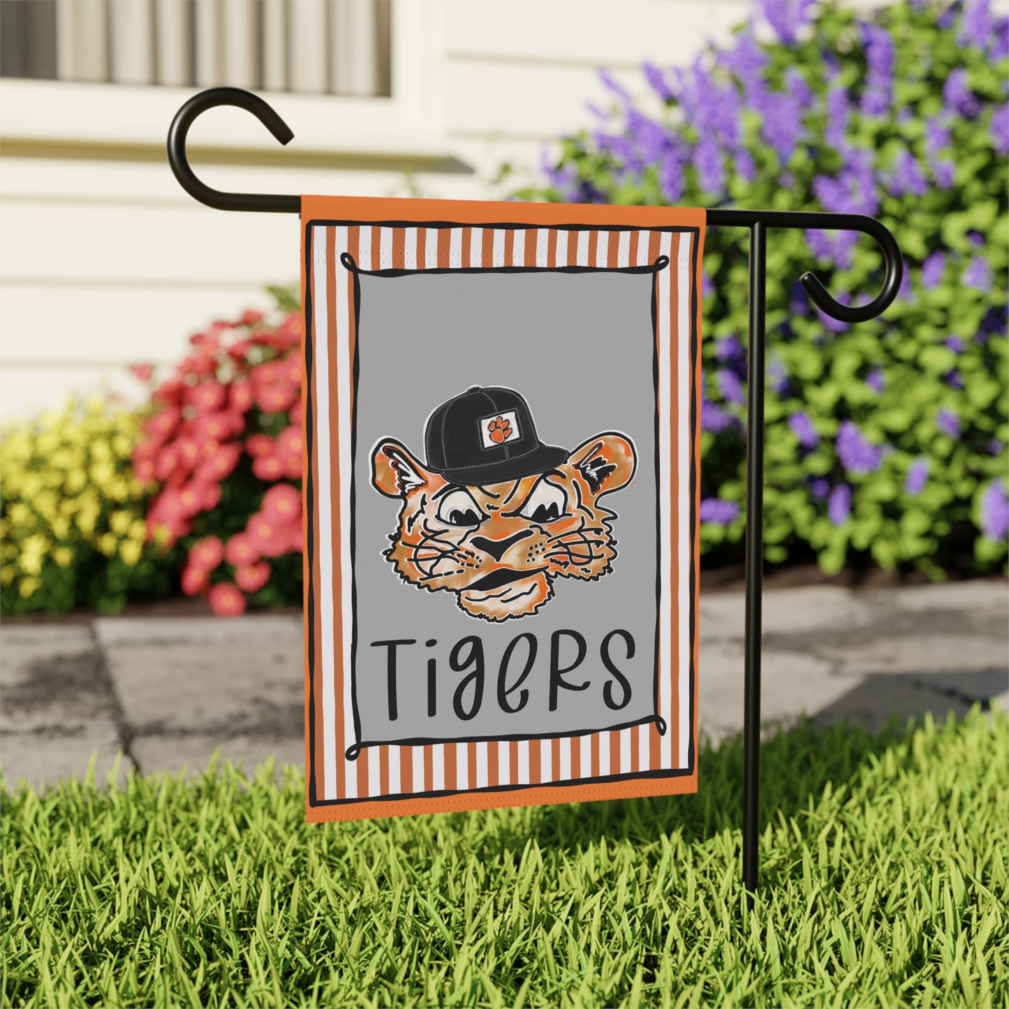 Tiger Mascot Garden Flag – Striped Orange & Gray Welcome Banner