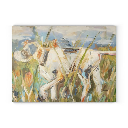 High Pointer Dog in Tall Grass Glass Cutting Board | Rustic Hunting Kitchen Décor