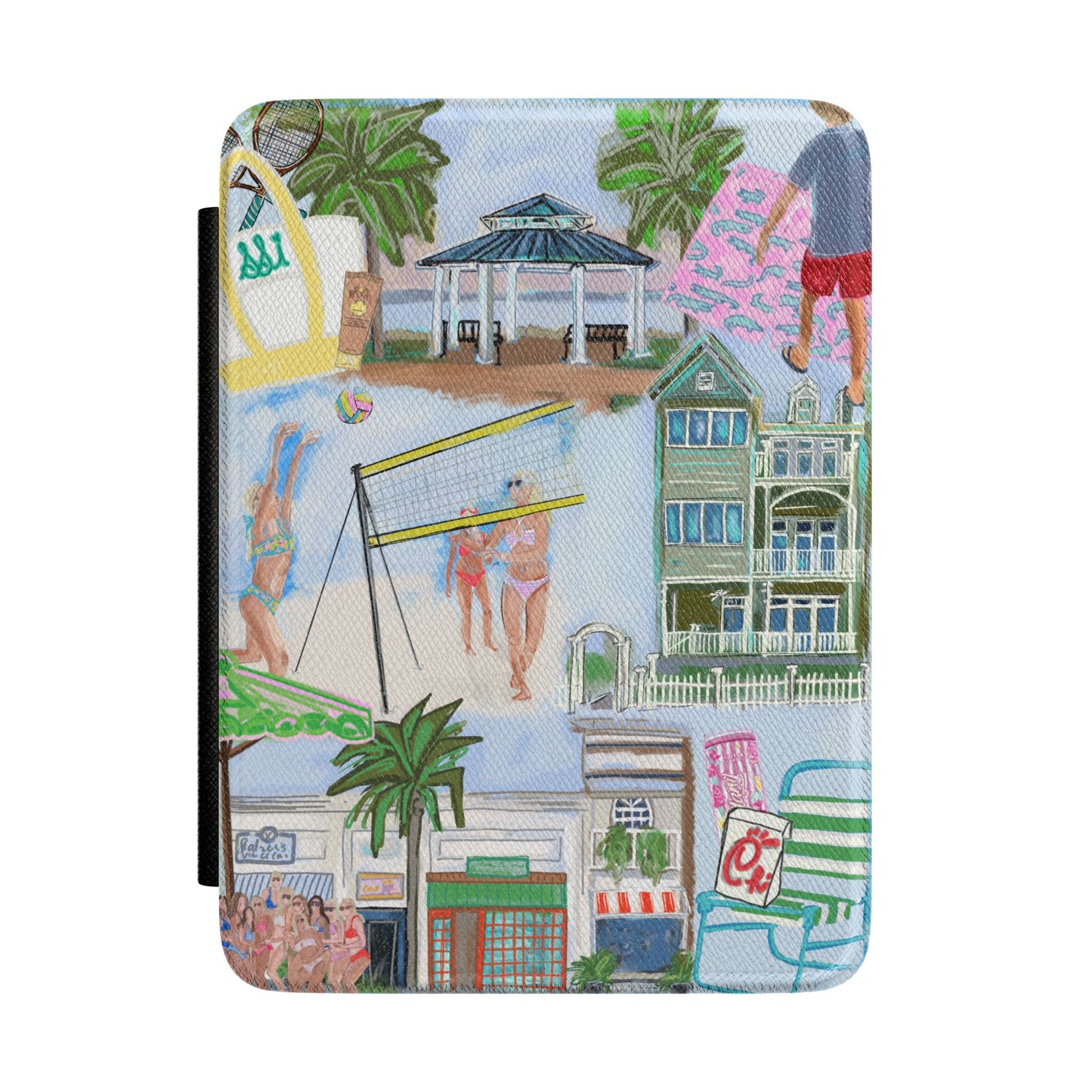 St. Simons Island Beach Town Collage Kindle Case | Coastal Houses, Palms, Village, Pier, Volleyball, Sun Bum, Chubbies Swim Trunks