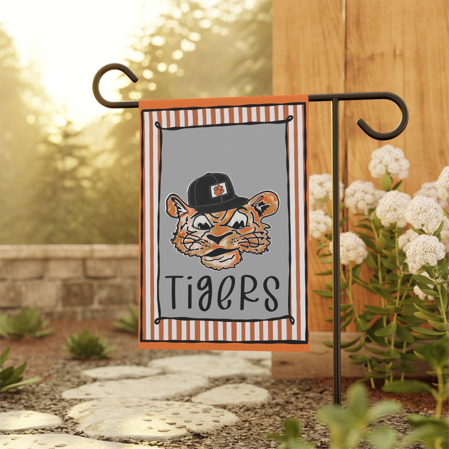 Tiger Mascot Garden Flag – Striped Orange & Gray Welcome Banner