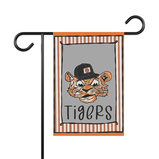 Tiger Mascot Garden Flag – Striped Orange & Gray Welcome Banner